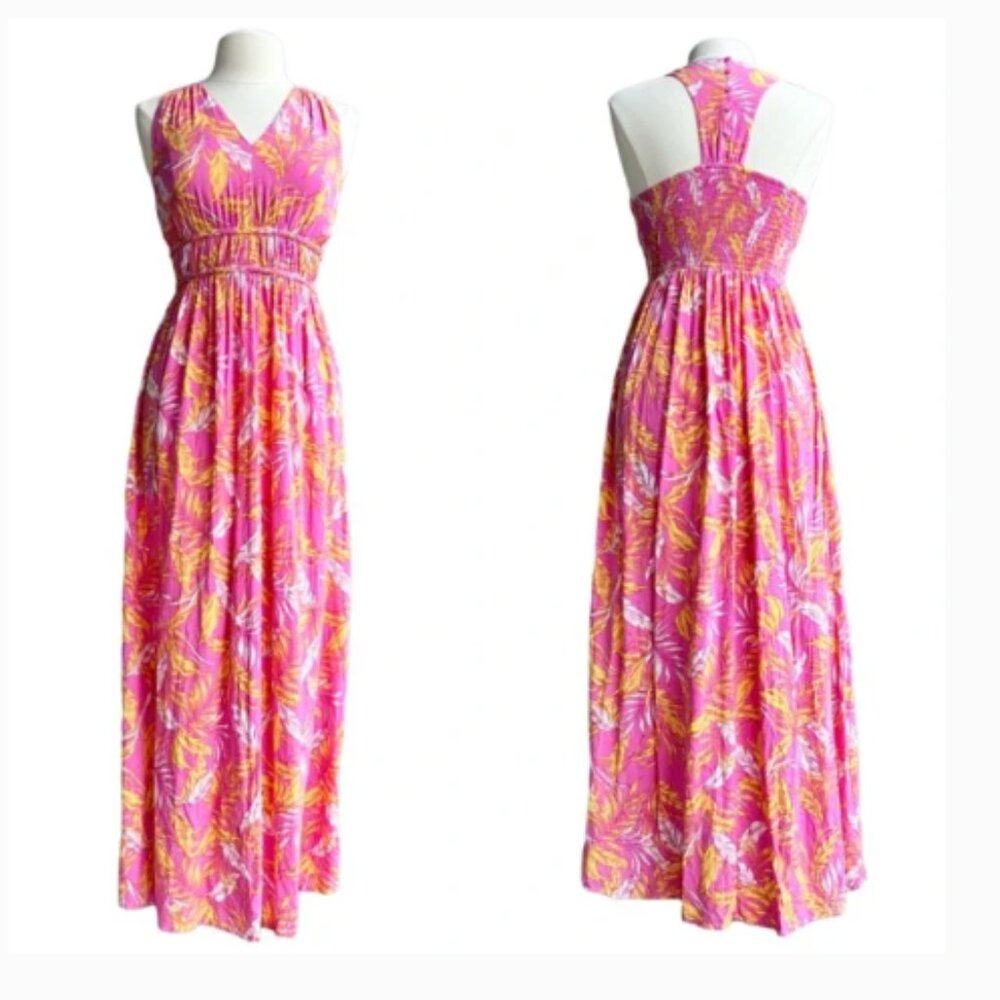 Long Length Pink Yellow Tropical Print Maxi Size S Beachy Boho Festival Resort